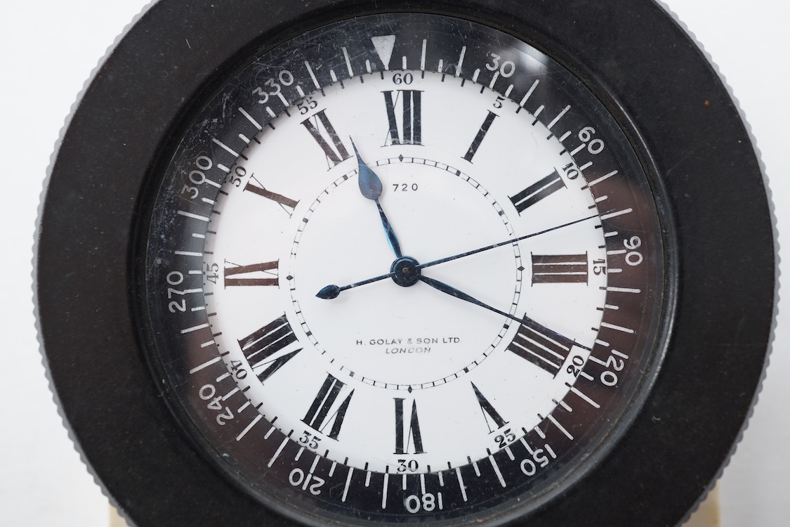 A WWII Fairley Swordfish cockpit pocket watch in a Bakelite outer case, signed to the dial H. Goley & Son Ltd., London, 720, and engraved to the reverse with broad arrow and HS.4, the case engraved with ‘Stores Ref. H.S.